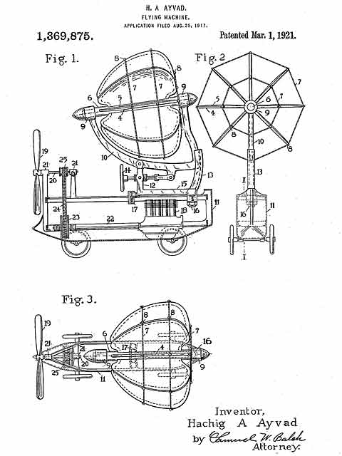 US Patent 1,369,875 Ayvad’s Flying Machine