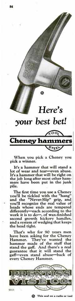 Cheney Hammer Ad - Popular Science May 1926