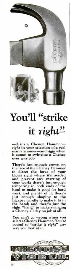 Cheney Hammer Ad - Popular Science May 1927